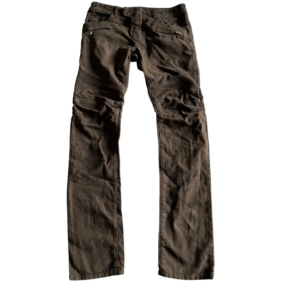 BALMAIN Biker Pants Green Brown Moto Suede Ribbed Knee Men's Size 34 Distressed